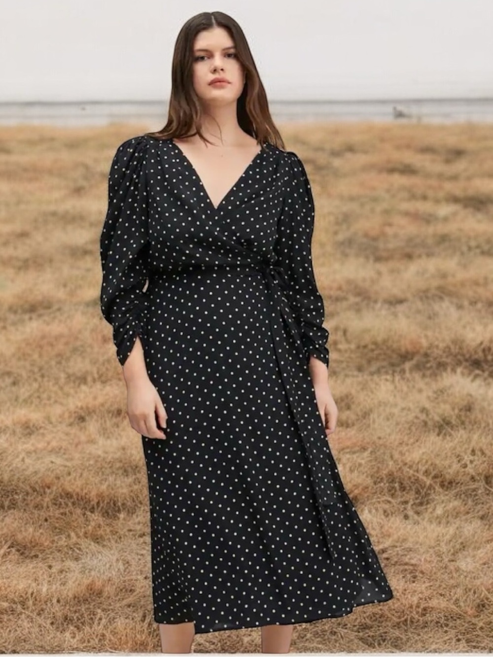 Mango Black Cream Polka Dot V neck Puff Shoulder Long Sleeve True Wrap Mdi Dress